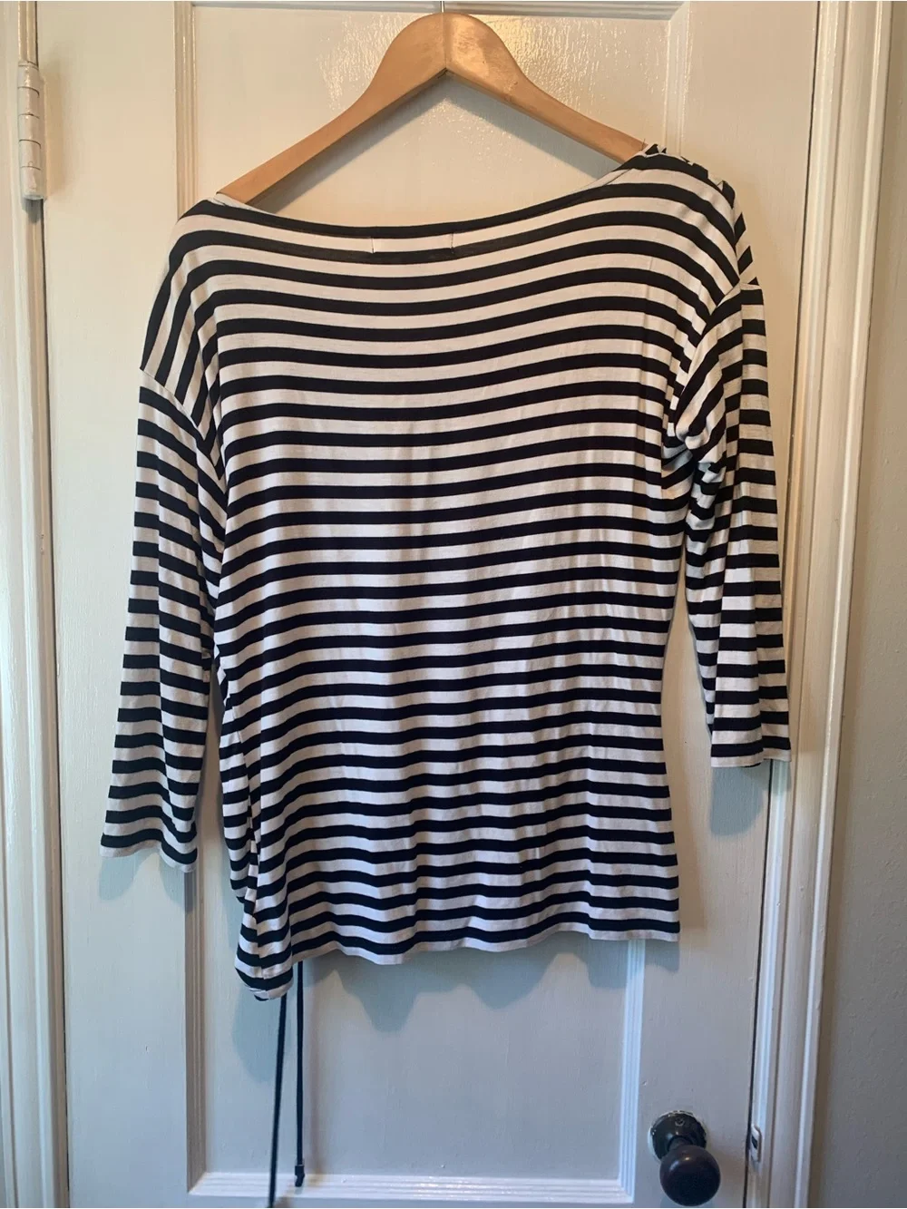 Michael Kors Black and White Striped Ruched Side Boatneck Top Size M